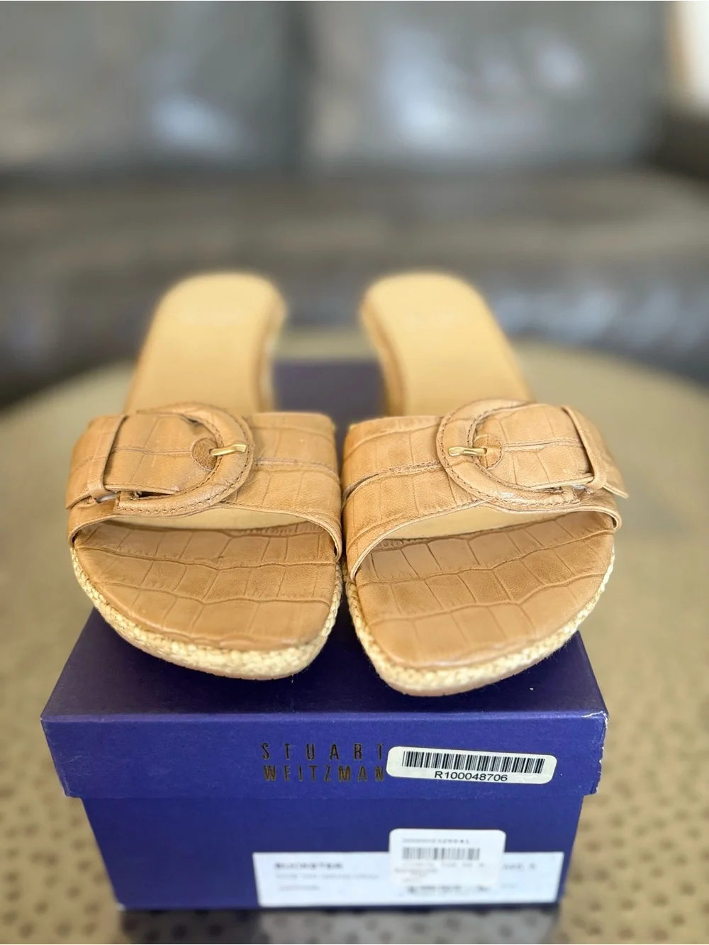 Y2K Stuart Weitzman Buckster Tan Croc Embossed Espadrille Wedge Slides Size 5.5 - Picture 3 of 9